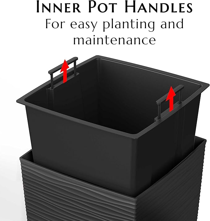 Mueller Janska M-Resin Heavy Duty Tall Planter, Indoor/Outdoor Grande Plant, Tree, Flower Pot, 2-Piece Set, 27.5”, Modern Design, Built-in Drainage, Dark Grey