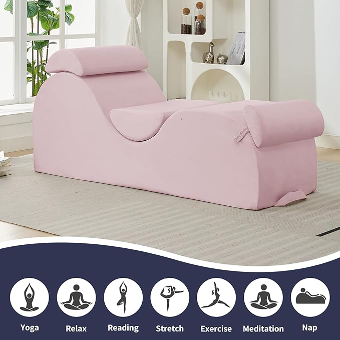 ijuicy Sleek Chaise Lounge Chair for Exercise, Indoor Lounger with Headrest, Waist Cushion, Movable Footrest, Side Pockets, Non-Slip Bottom, High Density Sponge, Pink