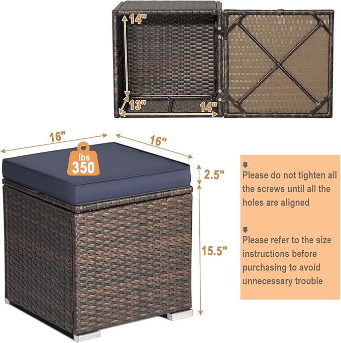 RELAX4LIFE Wicker Outdoor Storage Ottoman, 2-Piece Rattan Footstool w/Removable Cushion, Multipurpose Footrest Stool Side Table Additional Seating, Set of 2 Outdoor Ottomans for Patio Deck (Navy)