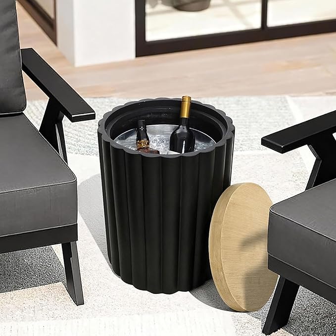 LuxenHome 20" Black Outdoor Side Table with Storage, Fluted Outdoor End Table with Metal Ice Bucket for Patio, Outside Accent Table for Balcony, Garden, Yard