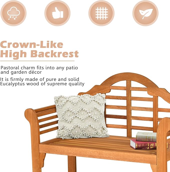 COSTWAY Folding Wooden Bench Outdoor, Crown-Like High Backrest, Patio Eucalyptus Wood Bench for Garden, Park & Porch