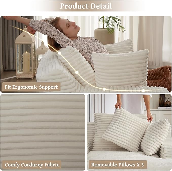 66" Chaise Lounge Chair Indoor, Oversized Boneless Couch Comfy Upholstered Sleeper Sofa Bed with 3 Pillows, Corduroy Cloud Reading Chair for Living Room No Assembly Required, White
