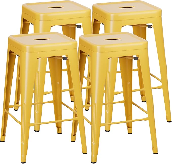 Shahoo 24 Inches Metal Bar Stools Counter Height Stackable Backless Stools, Industrial Patio Stools Indoor Outdoor Metal Kitchen Stools Set of 4 (Yellow, 24'')