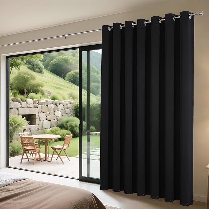 Joydeco Blackout Patio Sliding Door Curtains 108 Inches Long, Grommet Privacy Room Divider Curtains, Extra Wide Thermal Blackout Drapes for Bedroom Living Room (Black, 60Wx108L, 1 Panel)