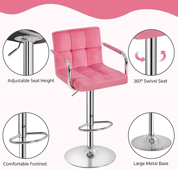 Yaheetech Bar Stools Set of 4, Velvet Fabric Swivel Barstools, Height Adjustable Counter Chairs, Modern Stools with Back for Bar Kitchen Island Dining Room, Pink