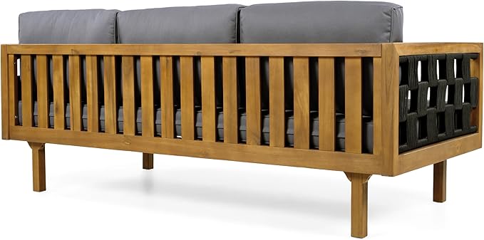 Christopher Knight Home Rosie Acacia Wood Outdoor Daybed Sofa with Water-Resistant Cushion, Solid Wood Patio 3 Seater Sofa Couch, Patio Garden Lounge Sofa with Woven Rope Accent, Black+Teak+Dark Gray