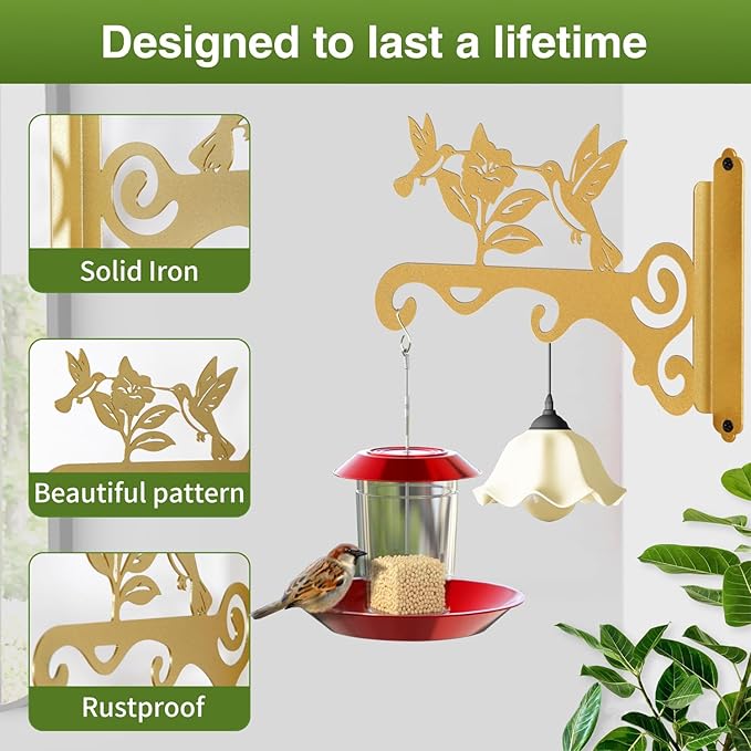 Elegant Bird Pattern Wall Hooks - 10/12/14 Inch Metal Plant Hangers for Indoor & Outdoor - Rust-Resistant Bracket for Plants, Feeders, Chimes, Lanterns (2, Gold, 10 inch)