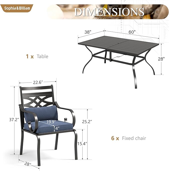 Sophia and William Patio Dining Set for 6, Outdoor Table and Chairs, Removable Seat Cushions, 60" Black Patio Dining Table,Blue