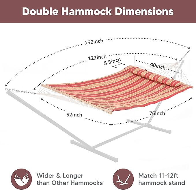 SUNCREAT Two Person Rope Hammock with Pad, Hanging Tree Double Hammock with Large Pillow, Hardwood Spreader Bar, Red Stripe