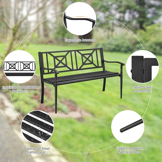 S AFSTAR Outdoor Garden Bench, Metal Porch Bench Seat with Slated Seat & Decorative Backrest, 2-Person Loveseat for Patio Garden, Powder Coated Iron Frame, Patio Bench Front Door Bench for Outside