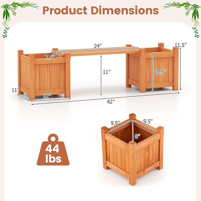 Giantex 2-in-1 Outdoor Bench with 2 Raised Garden Beds, Wood with Teak Oil Finish, Garden Bench Seat with Planter Boxes for Porch Balcony Lawn Yard, DIY Assembly, 42"x11"x11.5"