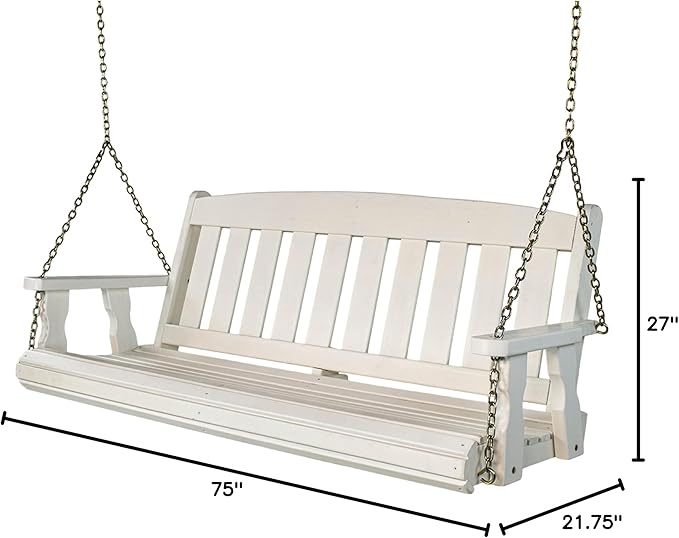 Amish Casual Heavy Duty Mission Treated Porch Swing, 6-Foot, Semi-Solid White Stain, 8Ft Chains, Without Cups