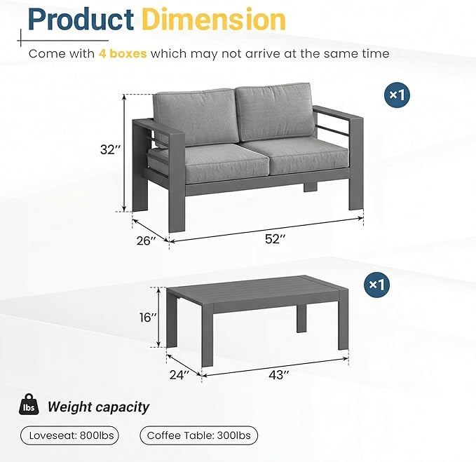 Solaste Aluminum Patio Furniture Set for All Weather, Oversized Metal Outdoor Furniture Set with 27.5" Deep Seating and 3.2" Wide Armrest, Outdoor Patio Sofa with 10" Back Suport Cushion