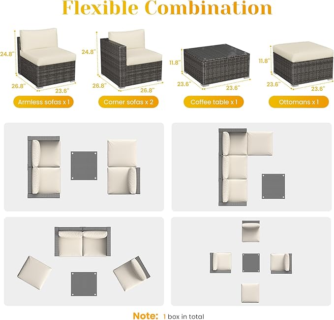 5 Piece Outdoor Patio Sectional Furniture Set, Weather Resistant Rattan Outside Couch, Waterproof Conversation Sofa for Balcony, Porch, Backyard, Deck, Garden,Beige