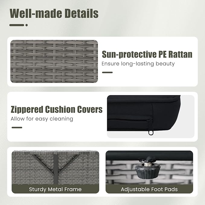 LDAILY Moccha Outdoor Daybed, Wicker Loveseat Sofa Set with 4-Postion Adjustable Backrest, Storage Ottoman, Cushions, Rattan Double Bed Lounger, Patio Furniture Set (Mixed Gray+Black)