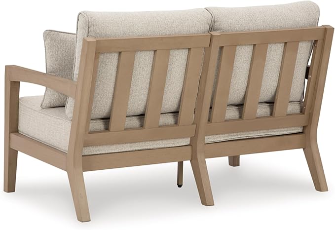 Signature Design by Ashley Hallow Creek Cottage Nuvella Weather Resistant Fabric Outdoor Loveseat with Cushion and 2 Throw Pillows, Light Brown & Beige
