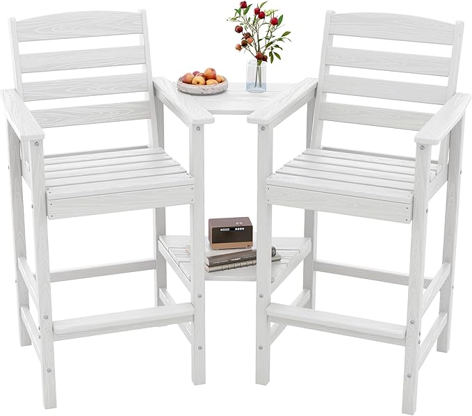 SERWALL Tall Adirondack Chairs Set of 2 with Connecting Table, Balcony Adirondack Chairs Set, Outdoor Bar Height Barstools Chair Set for Bistro, Poolside, Garden, White