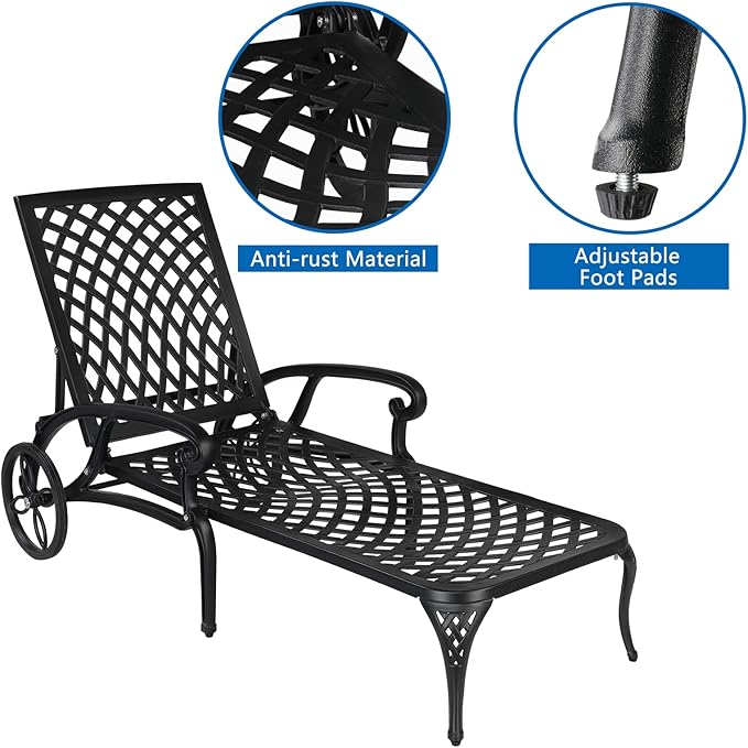 VINGLI Cast Aluminum Outdoor Chaise Lounge Chair with Wheels, Patio Chaise Lounge with 3-Position Adjustable Backrest, Tanning Chair Reclining Chair for Poolside (Black, Without Cushion)