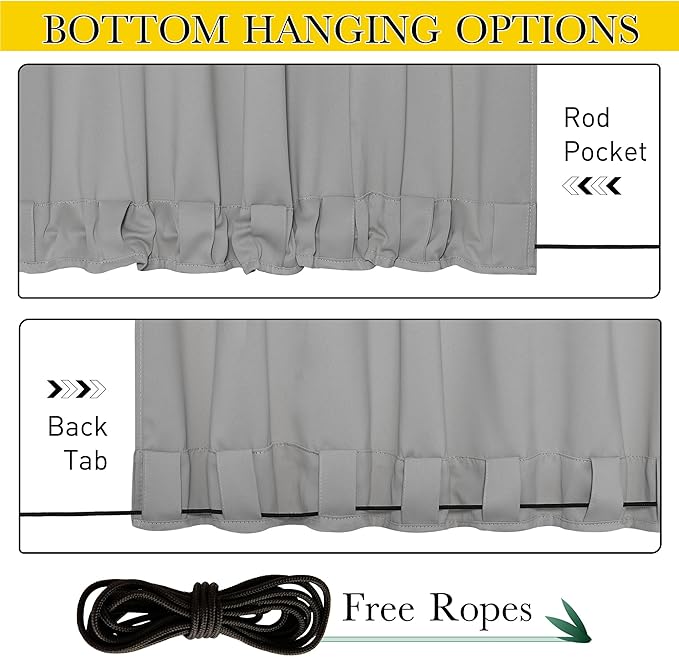 NICETOWN 2 Panels Outdoor Curtains Waterproof Pocket & Back Tab on Top & Bottom, Thermal Insulated Windproof Sun Blocking Outside Privacy Drapes for Patio with Fixed Rope, W52 x L95, Silver Gray