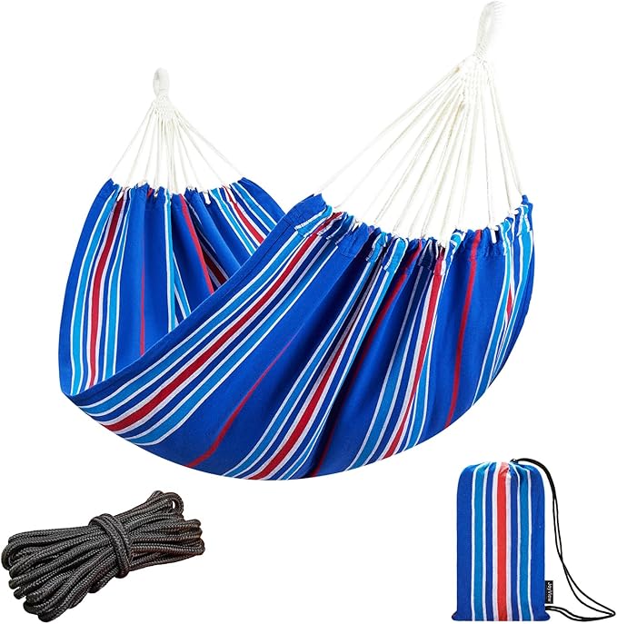 JoyView Brazilian Hammock for Single Person Portable Hammock with Hanging Ropes & Carry Bag Large 78.8x39.4” for Patio 300LBS Capacity Perfect for Outdoor/Indoor - Blue Stripe