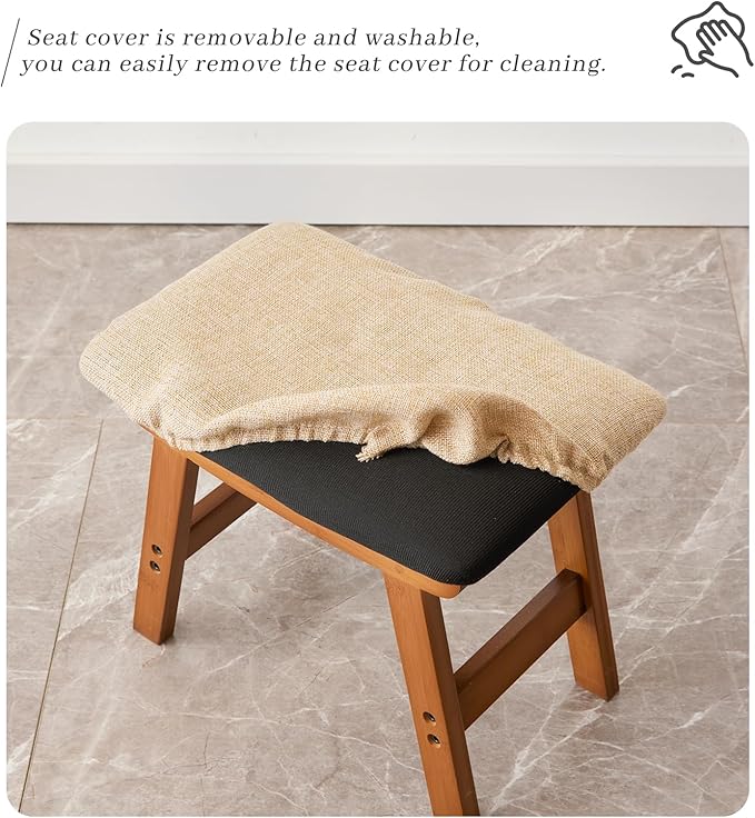 Foot Stool,Ottoman,Bamboo Small Sofa Foot Rest Under Desk,Extra Seating for Living Room, Bedroom and Kitchen(Brown Stool Legs - Beige Surface)