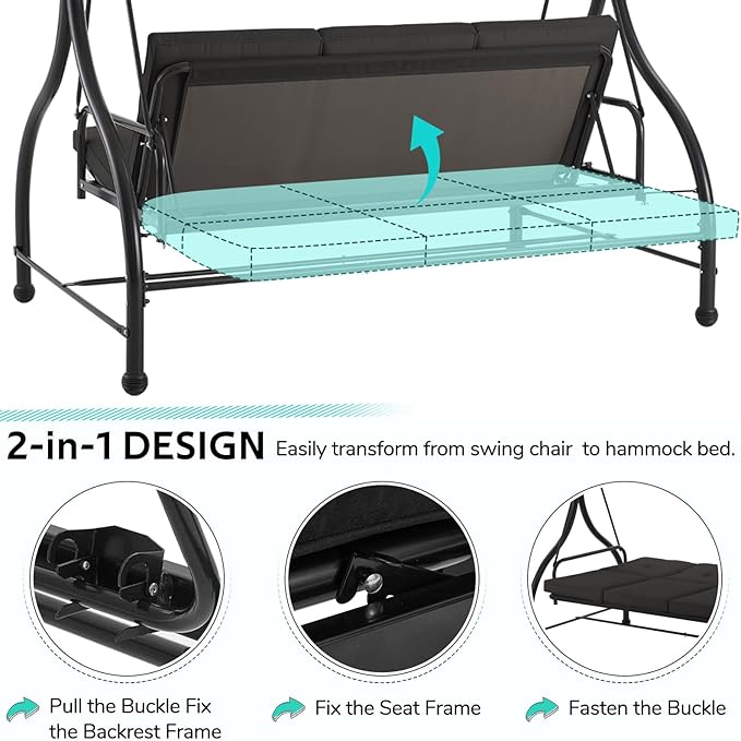 U-MAX Porch Swing Chair with Adjustable Backrest&Canopy, 3 Seat Patio Swing with Canopy 2-in-1 Convertible Outdoor Swing with Canopy Patio Daybed with Removable Black Cushions for Adults