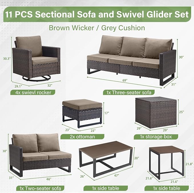 Belord Spacious 11 Pieces Patio Conversation Set - 5-Seater Outdoor Furniture Sectional Sets with Swivel Glider Chairs Set of 4 and Storage Box, Metal Top Coffee Table with Embedded Ottoman Brown