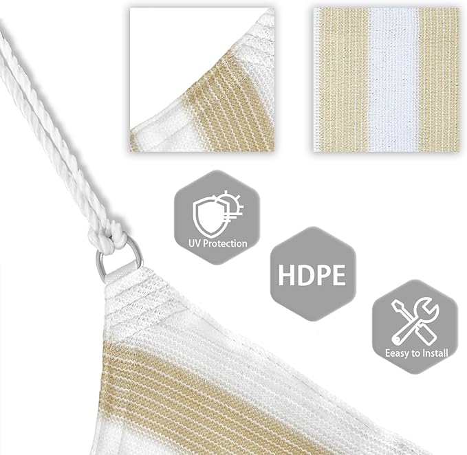 Patio Paradise 2' x 2' x 2' Sun Shade Sail Triangle Canopy Shade Cloth Fabric Sunlight Block Patio Pergola Cover HDPE Deck Awning for Outdoor Backyard Roof Shading, Beige White Strip