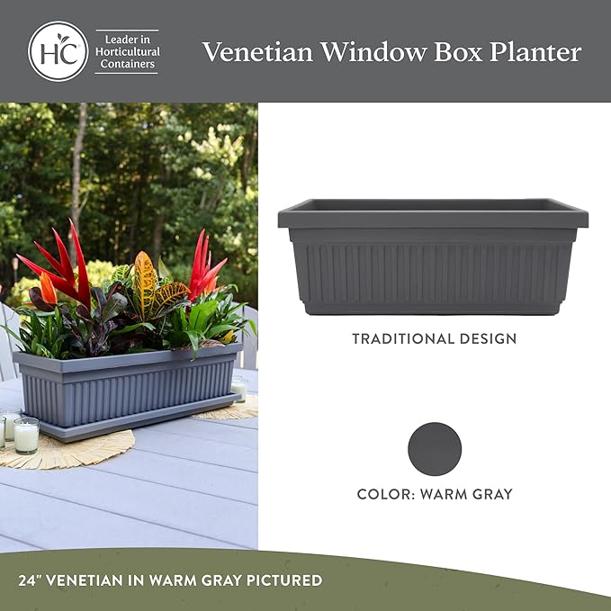 The HC Companies 30 Inch Venetian Window Planter Box with Drainage Plug, Lightweight UV-Resistant Plastic Indoor & Outdoor Planters, 2-Pack Flower Box for Garden & Home Decor, Warm Gray