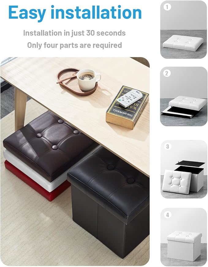 AmasSmile Storage Ottoman Folding Foot Rest Stool, Leather Footstool Bench, Short Ottoman Stool, Storage Foot Rest Store, Books (White, 17" D x 13" W x 13" H)