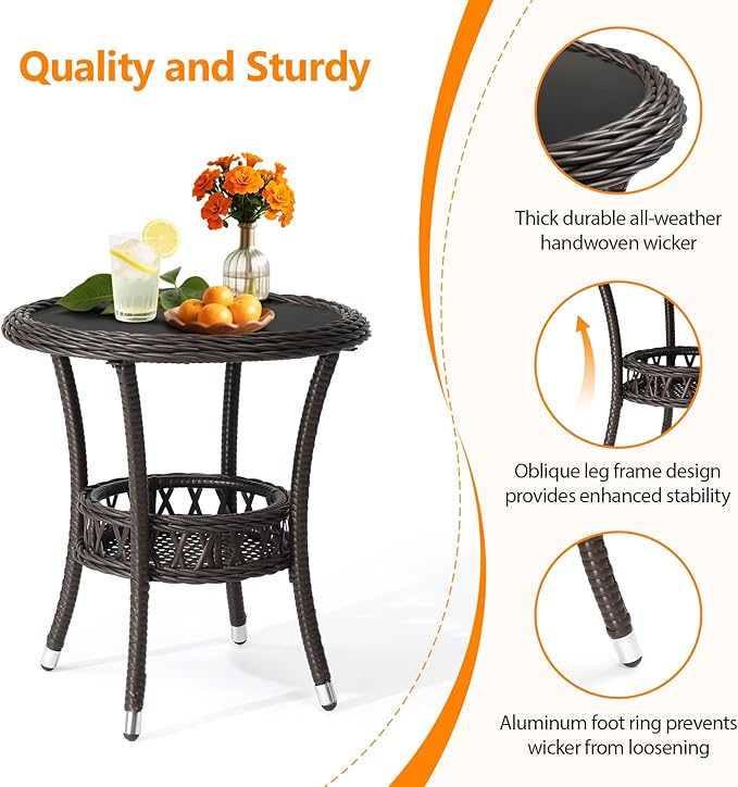 VINGLI Outdoor Wicker Side Table, Patio Side Tables for Outside Tempered Glass Top Wicker Table with Storage End Table for Balcony Porch Deck (Dark Brown)