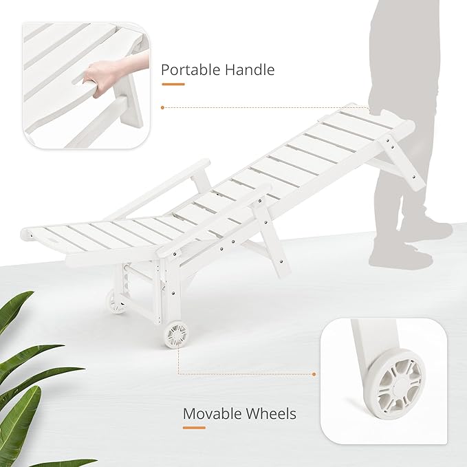 LUE BONA Chaise Lounge Chair with Table, 6-Piece, HDPS Chaise Lounger, 5 Positions Adjustable Lounge Chairs, Pool Lounge Chair with Wheels for Poolside, Backyard, White
