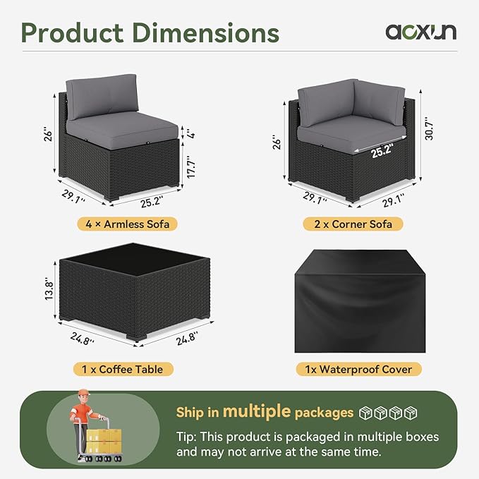 Aoxun 7 Piece Patio Furniture Set Wicker Rattan Patio Sectional Sofa Set Outdoor Seating Furniture with Thickened Cushion, Grey