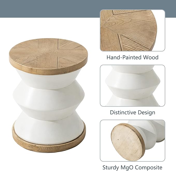 COSIEST White Outdoor Side Table, Round MgO Concrete End Patio Side Table, Lightweight Cylinder Top Plant Stand with Rotund Base for Garden and Deck
