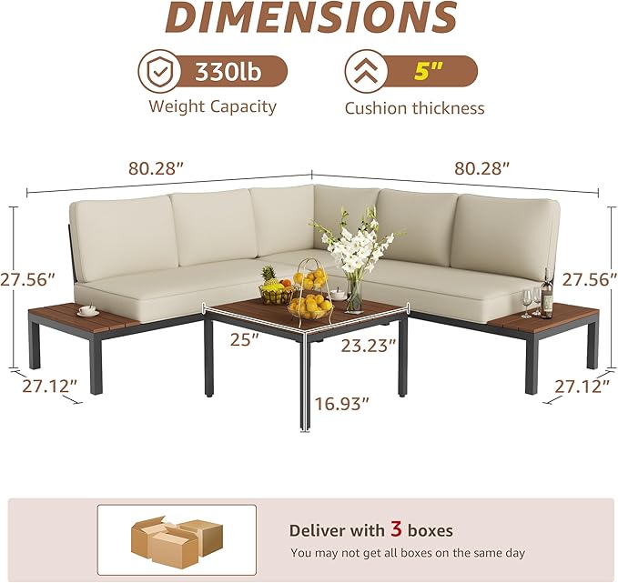 NATURAL EXPRESSIONS Outdoor Furniture Set, L Shape Patio Sectional, Metal Corner Couch Sofa Set with Side Tables, Detachable Backrest, Fauxwood Coffee Table, Beige Olefin Cushions for Garden Deck