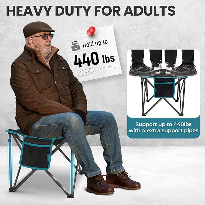 FUNDANGO Oversized Camping Stool for adults, 2 Pack Thick Padded 18.1 Inch Folding Ottoman Foot Rest, 440 Lbs Heavy Duty Outdoor Camp Chairs with Anti-Slip Foots & Carry Bag for Fishing Travel (Black)