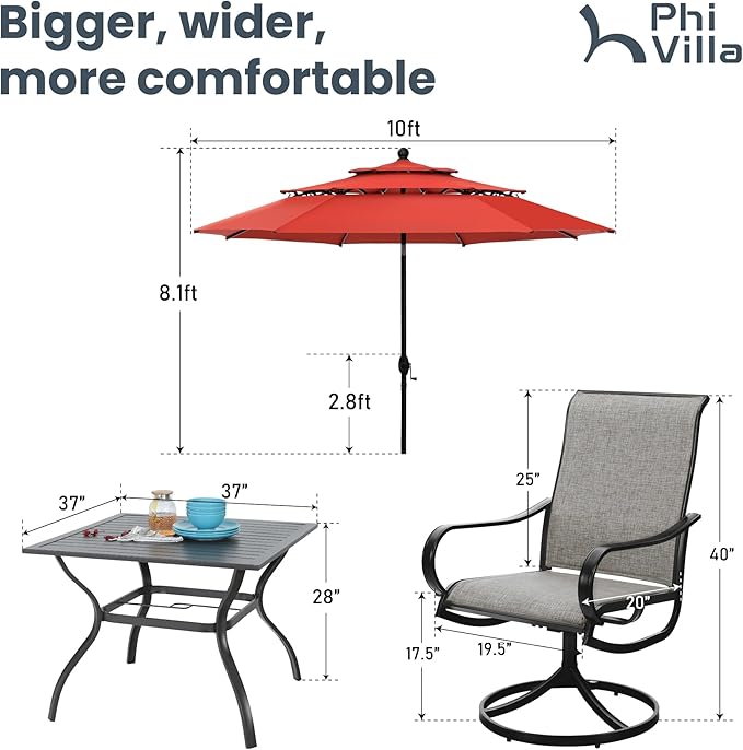 PHI VILLA Patio Table and Chairs Dining Set with Umbrella for 4, Outdoor Dining Set with 4 Swivel Patio Chairs, 1 Square Metal Dining Table and 10ft Orange Red Large Patio Umbrella (No Umbrella Base)