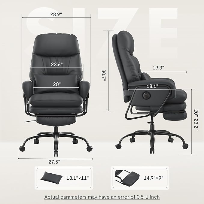 FLEXISPOT Luno 2-in-1 Chaise Lounge Chair Indoor with Wheels Footrest 90-165° Reclining Lumbar Support, Home Office Chairs for Living Room Bedroom Study Relaxing Working, Leather, Black