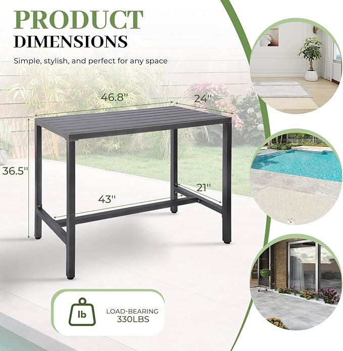 Outdoor Patio Counter Height Bar Table, 47" Rectangle for Patio, Garden, Yard, Balcony, Poolside (Grey, 47'')