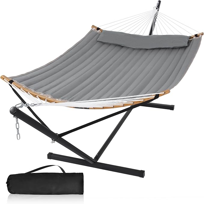 Outdoor Hammock with Stand Included, Heavy Duty Hammock with Curved Spreader Bar, Pillow and Portable Bag, 450 Lbs Capacity, Grey