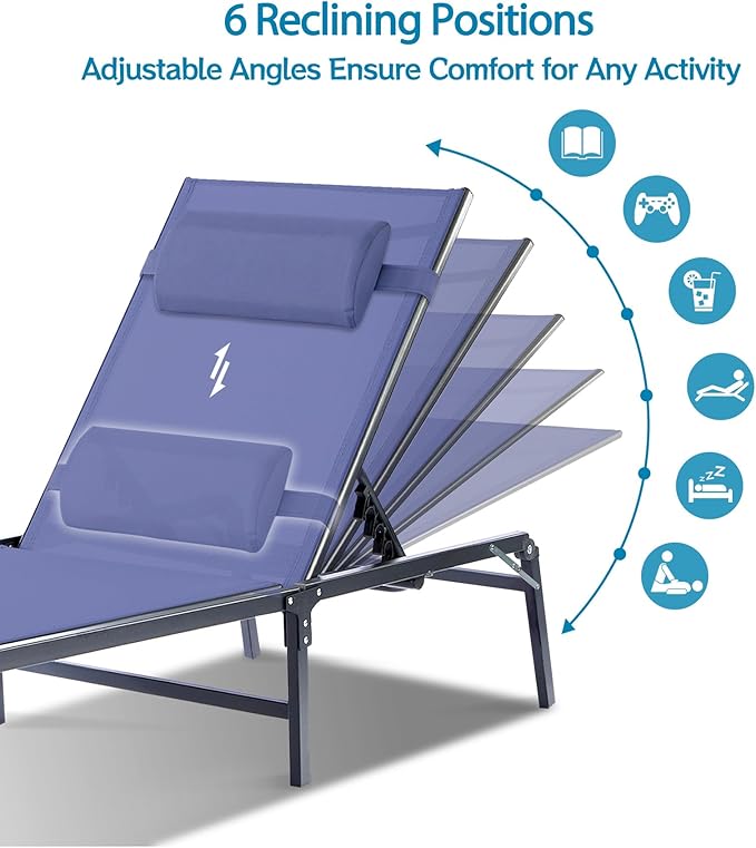 2 Pack Foldable Chaise Lounge Chair with Cup Holder, Assemble-Free Outdoor Lounge Chair with Detachable Pillow and 6 Adjustable Backrest, Patio Lounge Chair for Outside Poolside Beach Pool, Blue