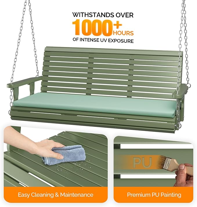 VINGLI Wooden Porch Swing, Heavy Duty 880 LBS Hanging Patio Bench with Extra Cushion for Lawn| Garden| Courtyard (Green, 5 feet)
