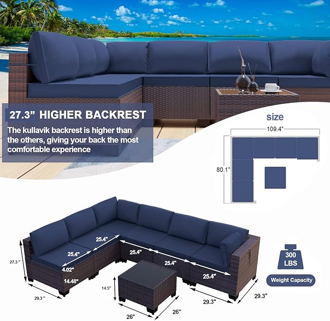 Kullavik 7 Pieces Outdoor Patio Furniture Set,Sectional Rattan Sofa Set Brown PE Rattan Wicker Patio Conversation Set with Tempered Glass Coffee Table and Washable Cushions Covers,Navy Blue
