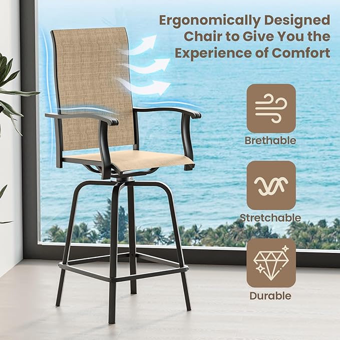 3-Piece Patio Bar Set with Textilene Swivel Bar Stools, All-Weather Bar Height Tempered Glass Table and Chairs for Lawn, Garden, Balcony, Deck, Backyard, Rustproof Frame-Light Brown