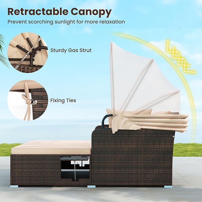 ORALNER Outdoor Daybed, 2-Person Wicker Patio Sofa with Retractable Canopy, Cushions & Pillows, 2 Side Trays, PE Rattan Double Sunbed for Deck Poolside Garden Balcony Backyard (Beige, Mix Brown)