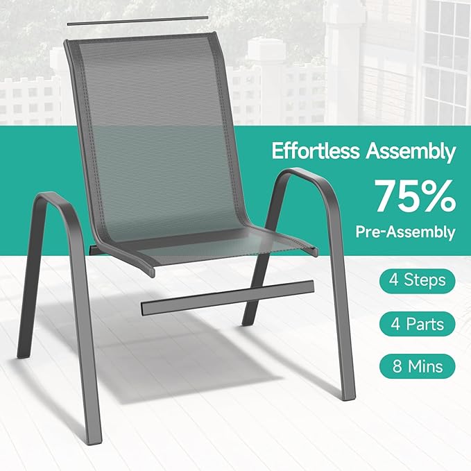 Patio Chairs Set of 6, All Weather Breathable Stackable Outdoor Dining Chairs with High Back and Wide Seat, Easily Set Up Outdoor Chairs Set of 6 with Metal Frame for Backyard Garden Pool, Grey