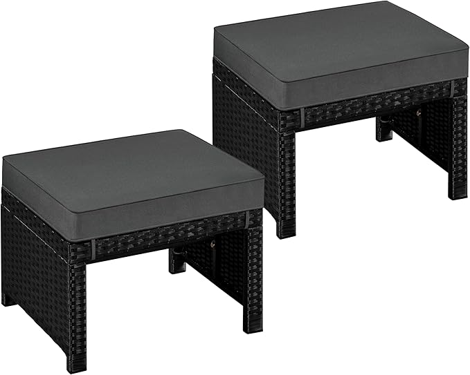 Yaheetech Wicker Ottomans, Set of 2 Footrest with Removable Cushion, 2pcs PE Rattan Side Table Additional Seating Multipurpose Outdoor Furniture for Patio, Backyard, Black/Gray