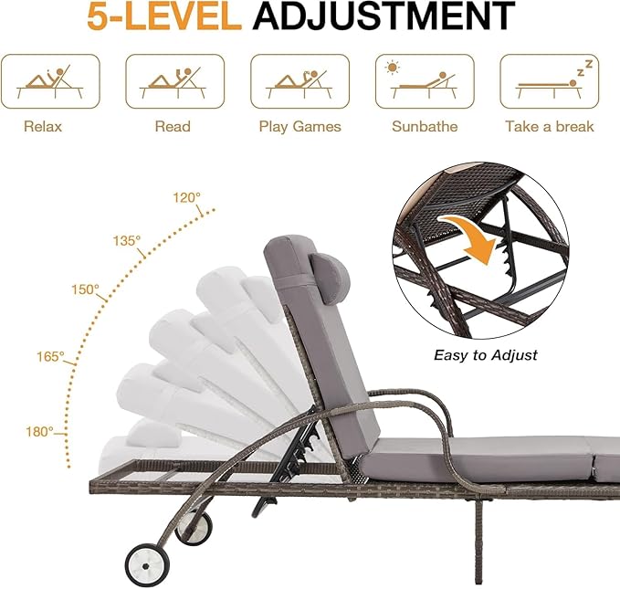 HOMREST Pool Lounge Chairs Set of 3, Outdoor Wicker Chaise Lounge Chair with 5 Adjustable Backrest & Flexible Wheels & Thicken Cushion for Patio Garden and Poolside, Gray