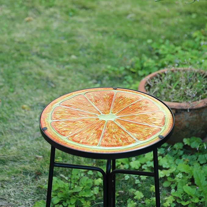 VCUTEKA Patio Side Table Outdoor Accent Table Bistro Coffee Tables Plant End Small Porch Tables Indoor Round Glass Balcony Plant Stands Orange 12''