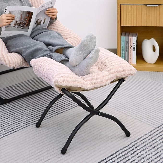 15"(H) Folding Ottoman, Foldable Footrest Stool, Portable Small Foot Stool for Couch, Collapsible Foot Rest Ottoman for Sofa, Accent Padded Ottomans for Living Room, Bedroom, Stripe Pink